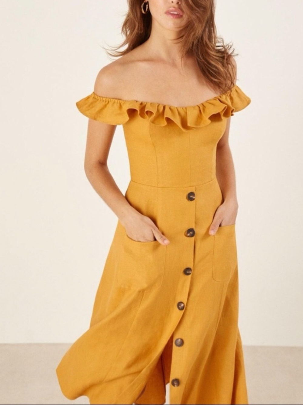 Reformation Off-Shoulder Ruffle Midi Dress in Mustard Yellow size 2
